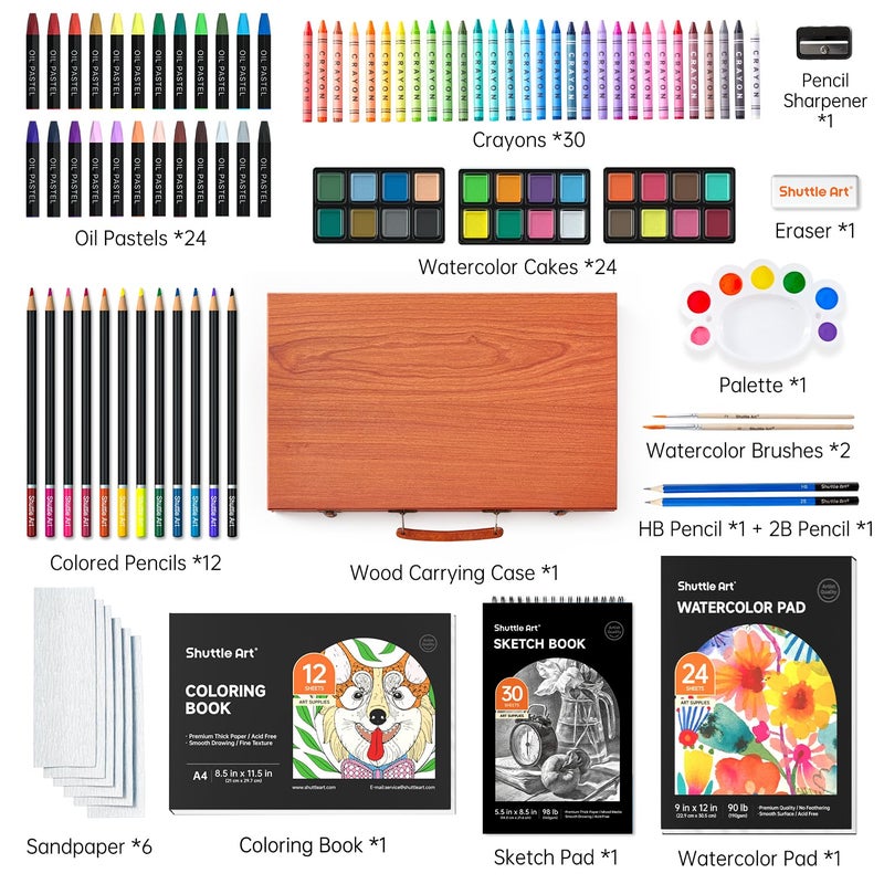Shuttle Art 106 Piece Deluxe Art Set, Art Supplies in Wooden Case, Painting Drawing Art Kit with Crayons Colored Pencils Oil Pastels Watercolor Cakes Coloring Book Sketch Pad for Kids Adults - Image 2